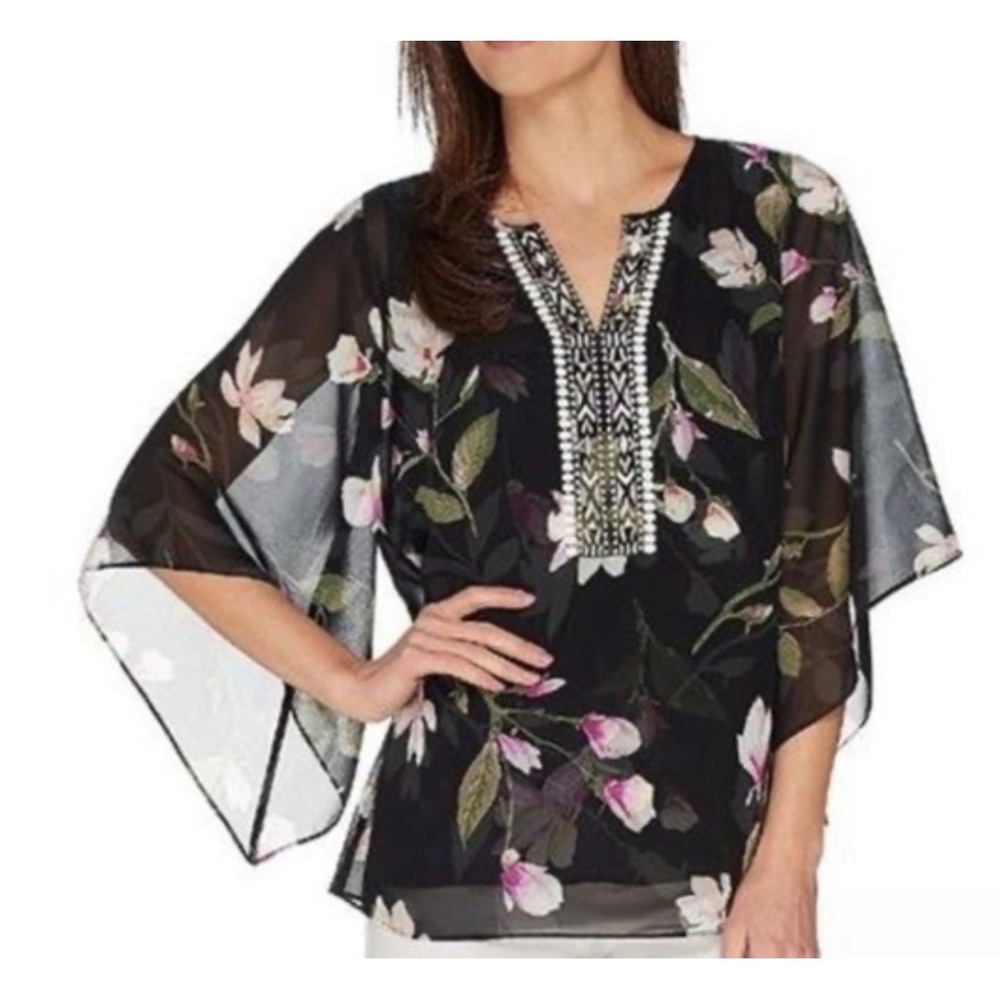 Belle Kim Gravel Blouse Women Medium Black Floral Embroidered Chiffon Poncho Top